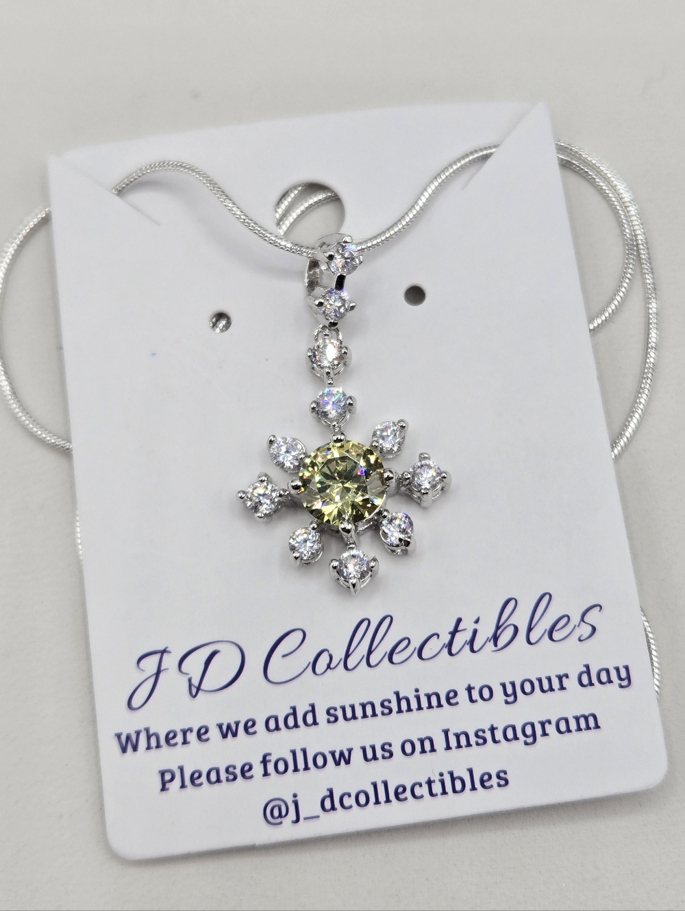 Swarovski Crystal Elements Silver Necklace Citrine Yellow Sunburst Floral 24 in